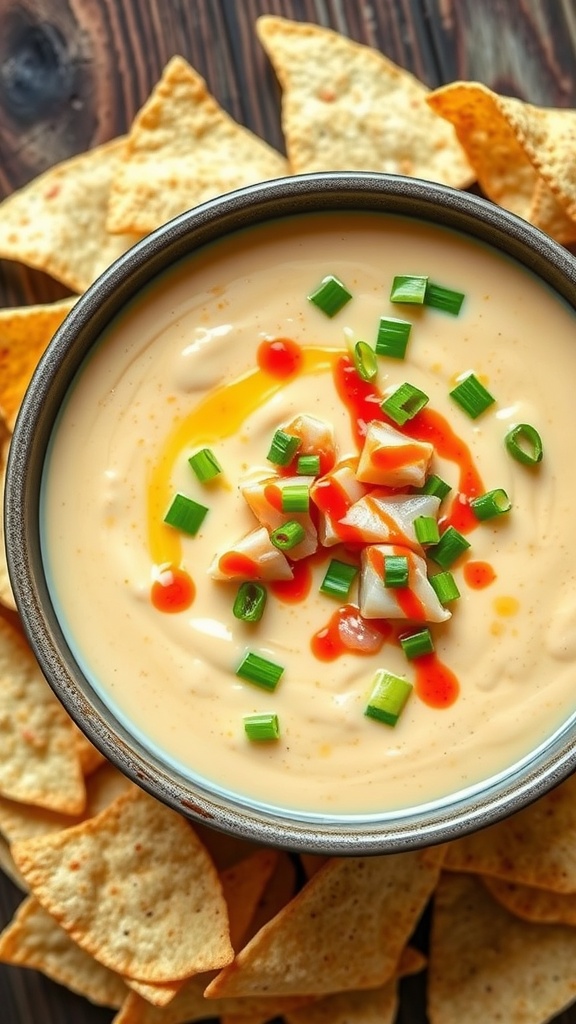 Creamy Sushi Queso Recipe A creamy sushi queso dip with fish and green onions, served with tortilla chips on a wooden table.